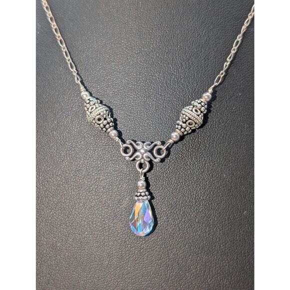 Vintage 925 Sterling Silver Beaded Chain Y Drop AB Crystal Teardrop Necklace - Picture 8 of 9